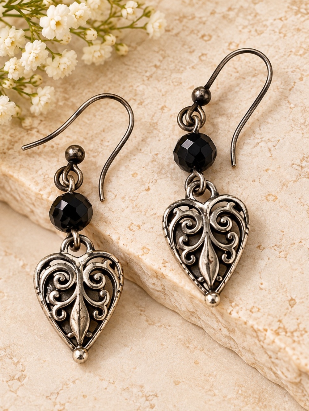 Brighton Vintage Retired Filigree Heart Onyx Black Faceted Bead Drop Earrings OS